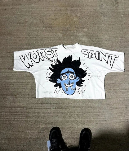 American Hip-hop Anime Print Oversized T-shirt Men Retro Trendy Streetwear Top Pure Cotton Round Neck Casual Loose Short Sleeves