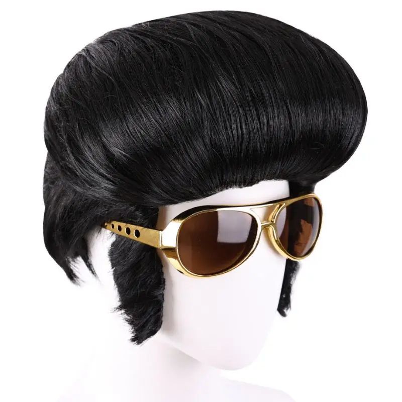 Elvis Presley Wig Glasses Mens Rock Singers Aron Presley Cosplay Wig Party Presley Black Synthetic Hair Wigs