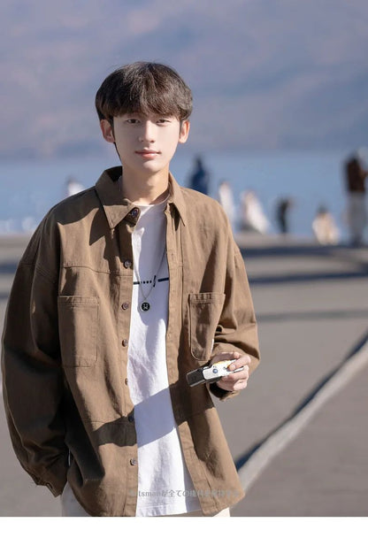 Japanese Series Men's Shirts Casual Vintage Cargo Jacket Top Spring Autumn Solid Blouses Single Breasted Male Clothes Streetwear