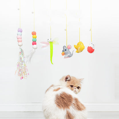 Brinquedo de Gato de Estimação Bastão Engraçado Gatinho Auto-hi Corda Elástica Forma de Libélula Pena Sino Varinha de Brincadeira Pendurada Balanço Milhares