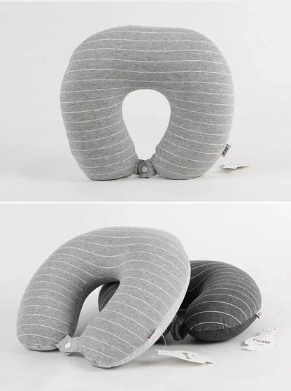 Memory Foam U-Shaped Travel Neck Pillow with Cooling Stripe Design - Cotton Linen Pillowcase for Airplane, Office & Home Support