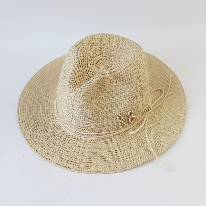 Chapéu de Sol de Verão Grande Proteção Solar Chapéus Femininos de Praia de Palha da Moda Chapéu Panamá de Grama de Luxo Feminino 60cm para Cabeça Grande