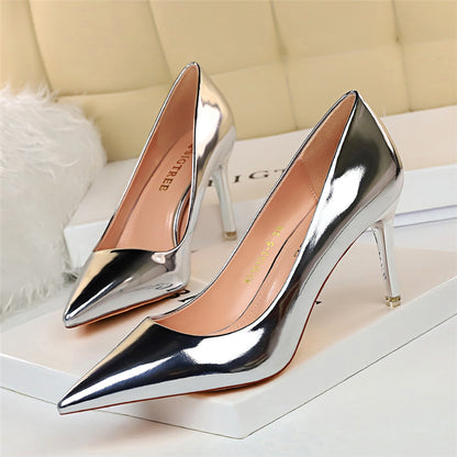 Women Mteallic Bronze Leather Pumps 7.5cm 10.5cm High Heels Lady Stiletto Middle Heels Wedding Bridal Gold Silver Event Shoes