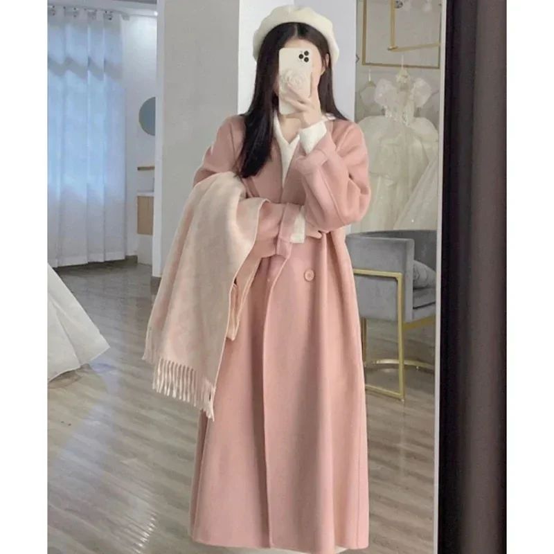 2024 New Winter Lady Lazy Style Baggy Mid-Long Thermal Woolen Coat Female Korean Version Concise Designer Versatile Coat Jackets