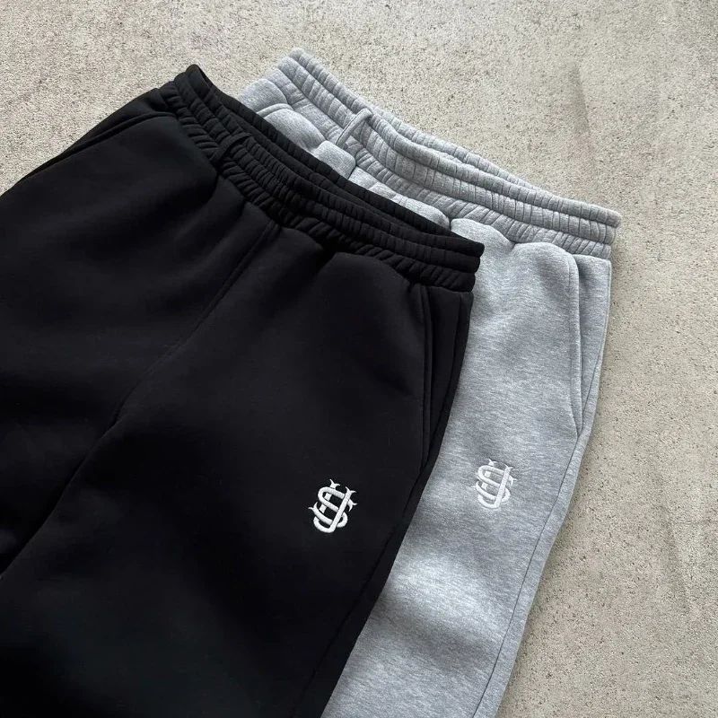 Calça Moletom Bordada Su Jogger Hip Hop Rosa Casual Cintura Elástica Masculina Americana Marinho Y2K Moeda Berlim Street Estilo Anos 2000