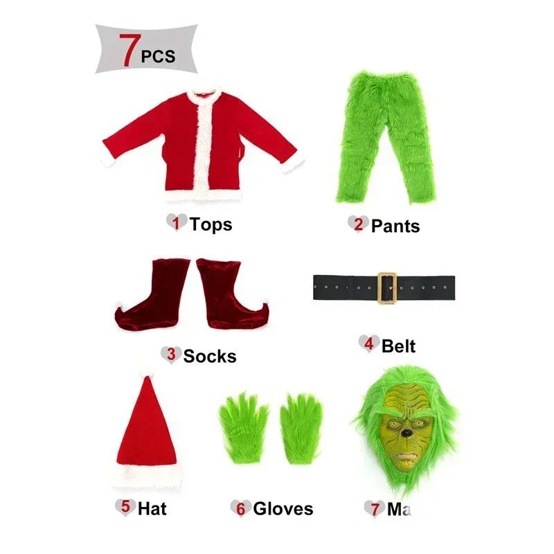 Santa Claus Costume Set Christmas Party Prom Adult Role Playing Green Monster Shaggy Halloween Cosplay Suit Gloves Mask