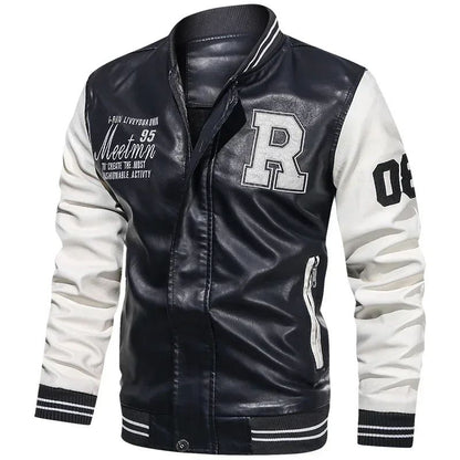 Men's American Baseball Collar Pilot Casual PU Spring and Autumn Leather Jacket Motorcycle Suit Leather Jacket Color Blocking
