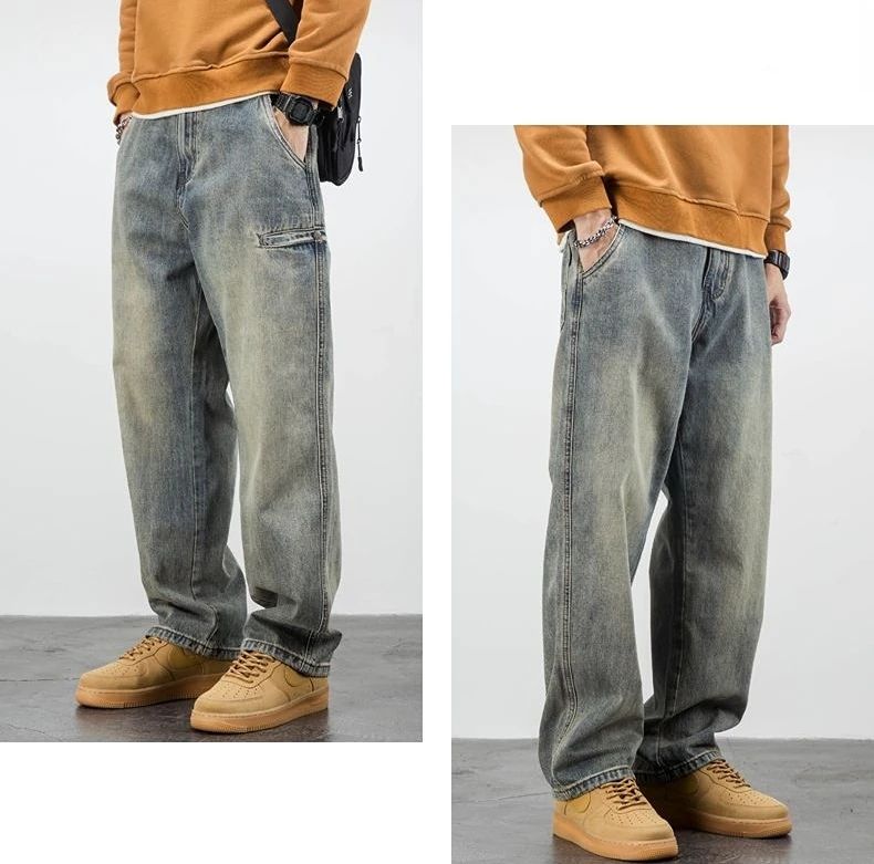 Calça Jeans Masculina Retrô Cargo Reta Cowboy Punk Lavada Grife Luxuosa Tendência 2025 Y2k Vintage Estilo Coreano Larga
