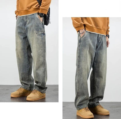 Calça Jeans Masculina Retrô Cargo Reta Cowboy Punk Lavada Grife Luxuosa Tendência 2025 Y2k Vintage Estilo Coreano Larga