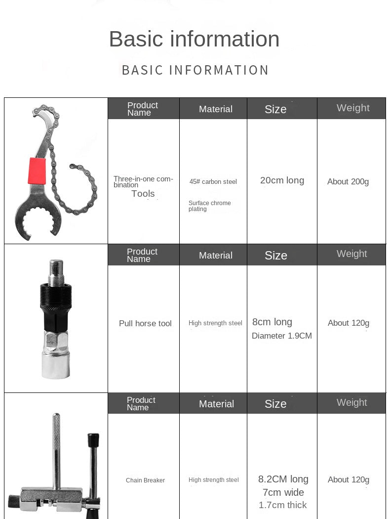Kit de Ferramentas para Reparo de Bicicletas Extrator de Cassete Extrator de Suporte Ferramenta de Remoção de Volante de Bicicleta Cortador de Corrente Extrator de Pedivela Chave de Bicicleta
