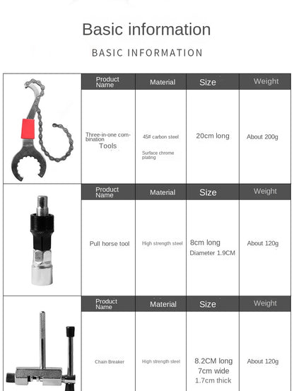 Kit de Ferramentas para Reparo de Bicicletas Extrator de Cassete Extrator de Suporte Ferramenta de Remoção de Volante de Bicicleta Cortador de Corrente Extrator de Pedivela Chave de Bicicleta