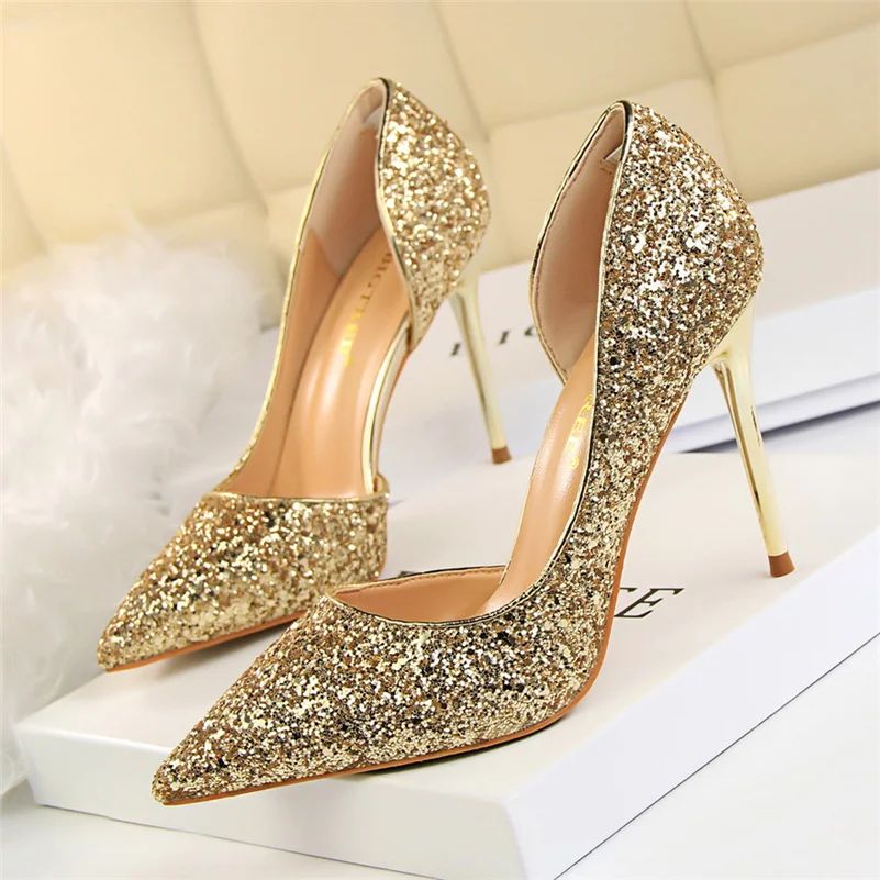 Plus Size 34-43 Women 9.5cm High Heels Stripper  Bling Glod Red Silver Scarpins Pumps Lady Stiletto Wedding Bridal Fetish Shoes