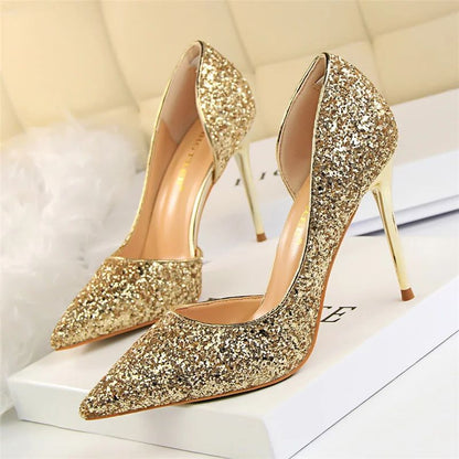 Plus Size 34-43 Women 9.5cm High Heels Stripper  Bling Glod Red Silver Scarpins Pumps Lady Stiletto Wedding Bridal Fetish Shoes