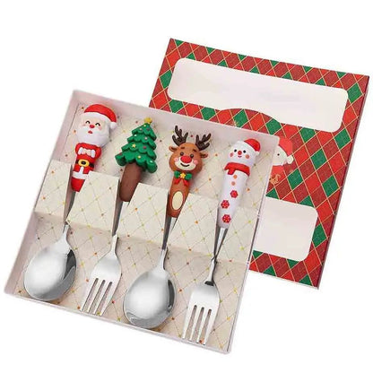 4PCS Christmas Cutlery Set Silver Spoon Fork Set Elk Christmas Tree Decoration Dessert Scoop Cake Fork Silverware Coffee Spoon