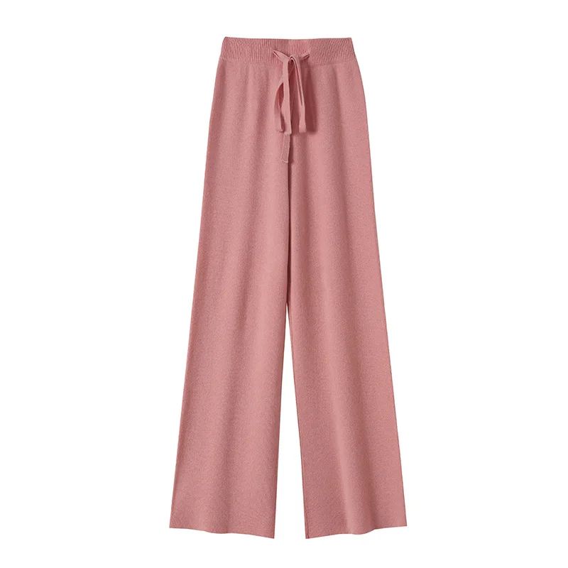 Spring Autumn Women High Waist Wool Wide Leg Pants Solid Soft Warm 100% Merino Wool Knitted Trousers Belt Casual Korean Fashion