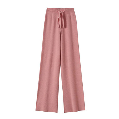 Spring Autumn Women High Waist Wool Wide Leg Pants Solid Soft Warm 100% Merino Wool Knitted Trousers Belt Casual Korean Fashion