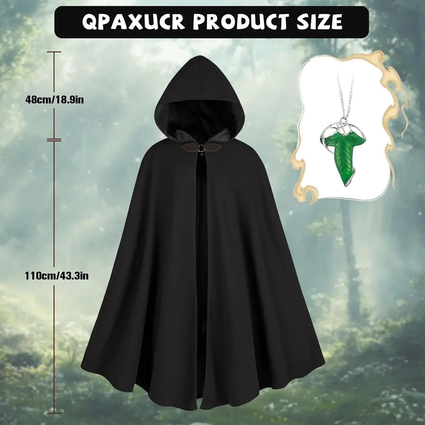 Cloak with Hood Men?Medieval Costume Men Round Metal Buckle Cloak with Green Leaf Brooch Necklace for Halloween