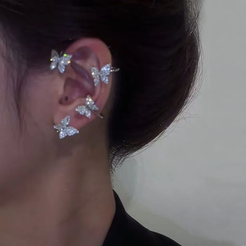 Brincos Borboleta de Metal Banhado a Prata Sem Furo para Mulheres Brilhantes Zircônia Fio de Orelha Clipe Brincos Joias de Casamento