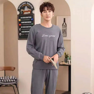 Cotton Pajamas Men Spring and Fall Long-Sleeved Long Pants Korean Version of the Loose Homewear Solid Sleepwear Loungewear Large