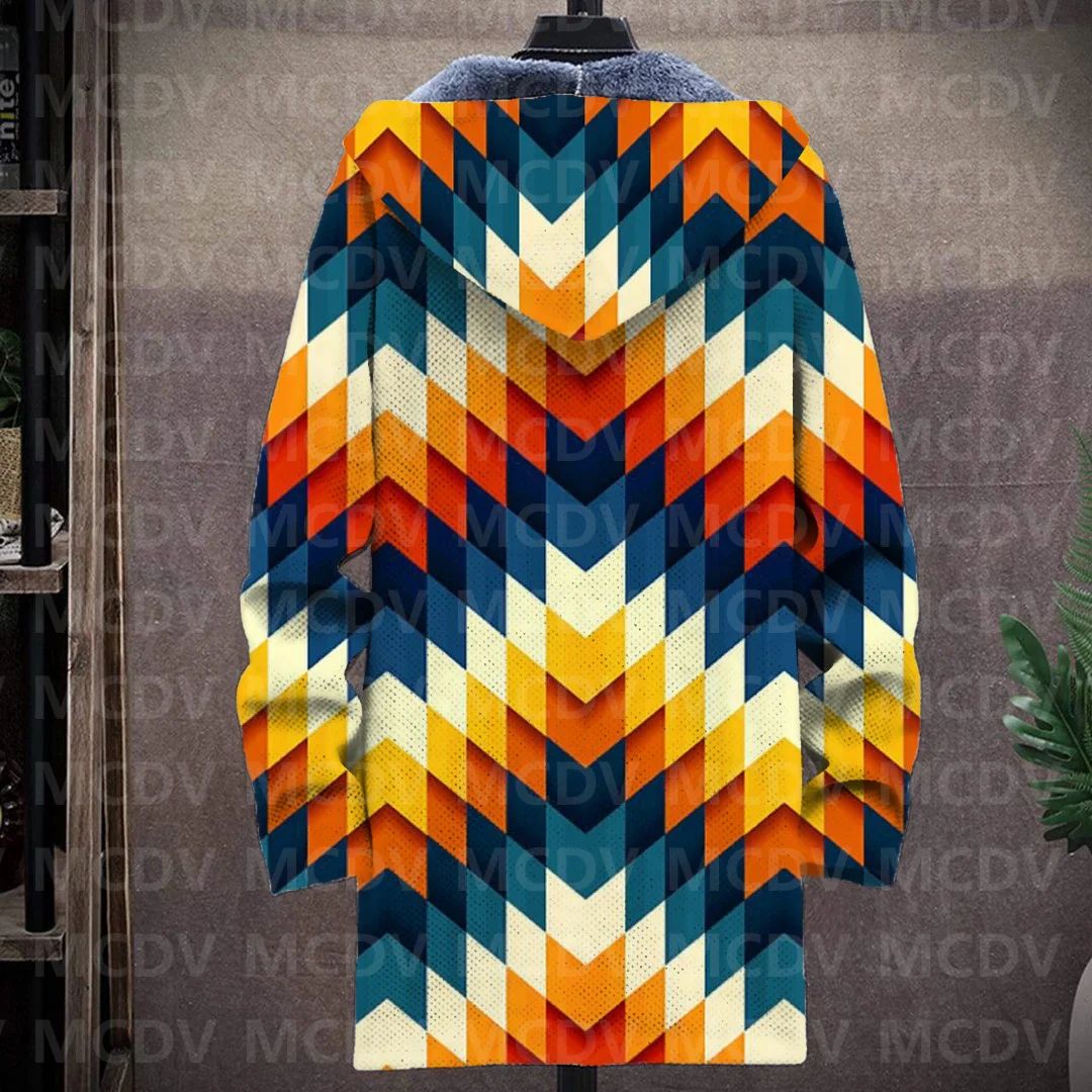 Men's Retro Print Plush Thick Long-Sleeved Coat Cardigan 3D All Over Prined Fleece Hooded Overcoat Unisex Thick Warm Jacket