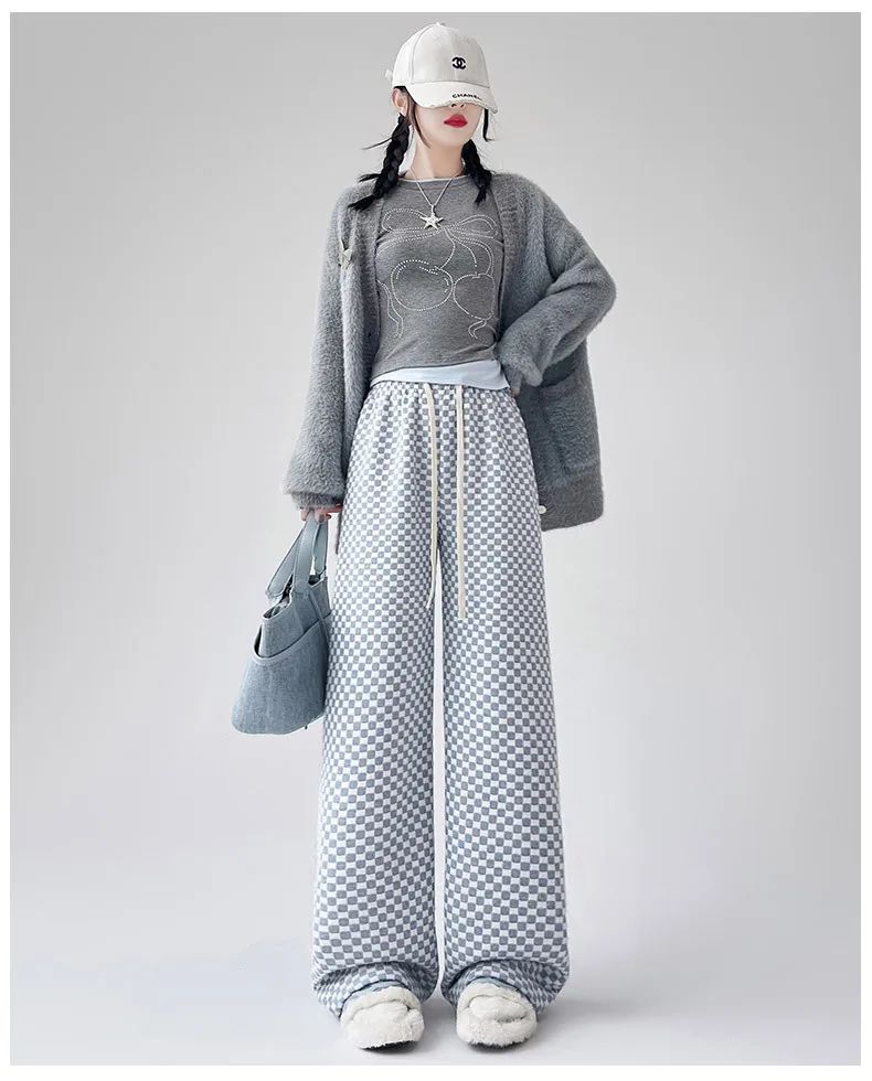 High Waist Wide Leg Pants Women's Autumn Winter New Style Lazy Casual Fleece Woolen Plaid Trousers Fashionable Comfortable