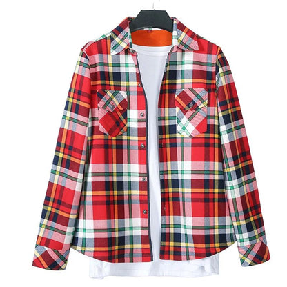 Women's Fleece Lined Long Sleeve Shirt Mid Length Thick Winter Warm Korean Style Elastic plus Size Plaid Patterned Button up