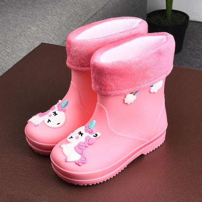 Children's Fleece-Lined Non-Slip Rain Boots For Boys And Girls Cartoon Cute Princess Style Anti-Slip Four Seasons Kids Shoes