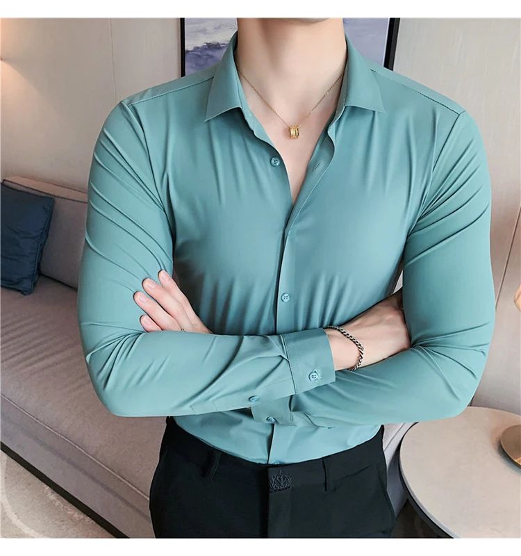 Men's Long Sleeved Elastic Shirt No Ironing Business Wear Professional Workwear Stand Up Collar Shirt Casual Solid Color Shirt