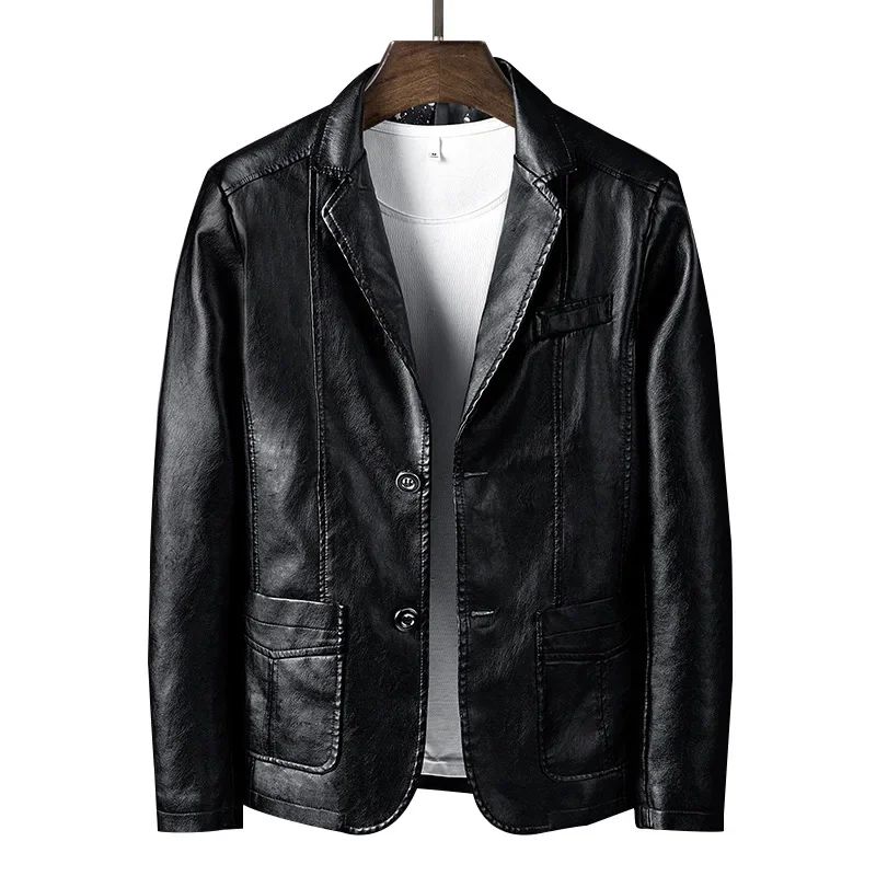 PU Leather Jackets Men Slim Fit Full Sleeve Coats Single Breasted Spliced Turn Down Collar Jacket Punk Mens Casual Male Autumn