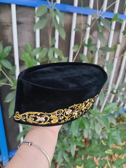 2024 Elegant Black Saudi Boat Caps for Arabic Men Eid Ramadam Prayer Hat Fashion Hijab Headwraps Velvet Muslim Boy Floral