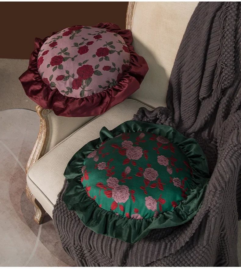Removable Washable American Light Luxury Sofa Flower Pillow Homestay Round Cushion Retro Ruffle Edge Red Pillow  Throw Pillows