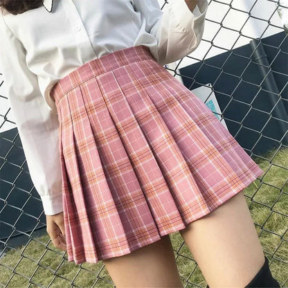 Women Summer Preppy Style Plaid Pleated Skirt School Uniform Anti Glare JK Skirt Harajuku Zipper Culotte High Waist A-line Skirt