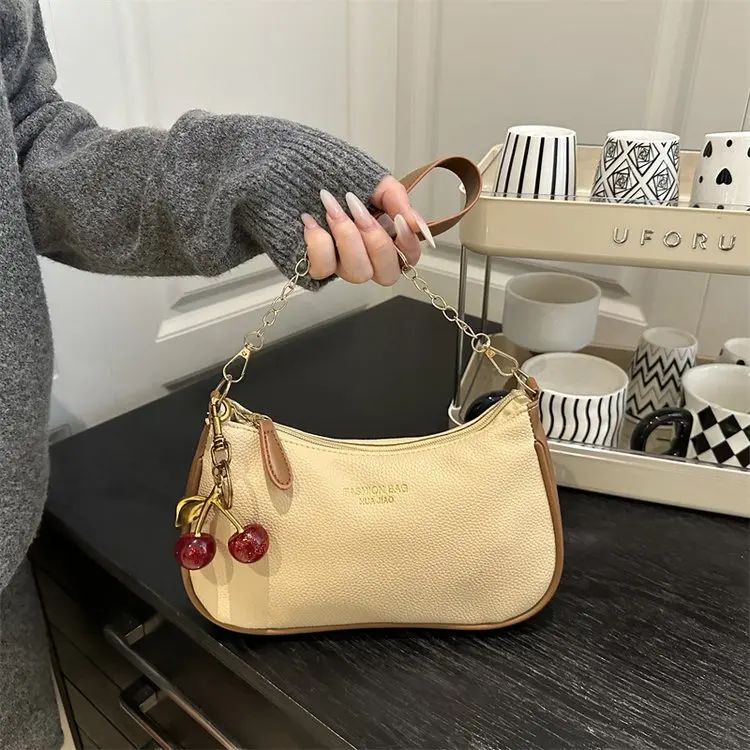 Cherry Pedant Shoulder Underarm Bag Women's Fashion Handbags Causal Hobos Purses Ladies Hand Bags Pu Leather for Work Travel