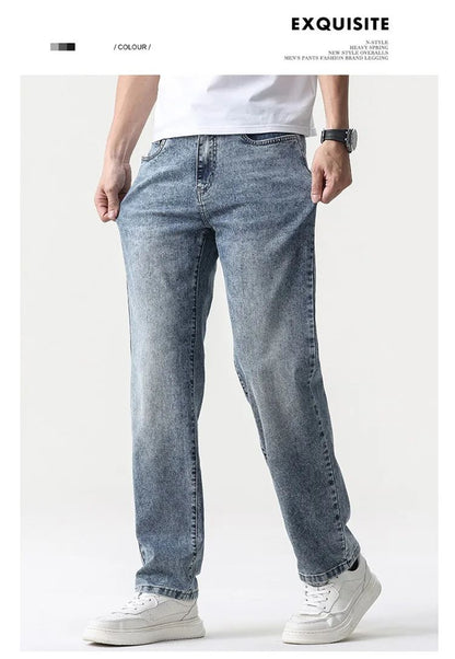 Calça Jeans Masculina Clássica Solta Reta Wide Leg de Sarja Lavada de Alta Qualidade Masculina Fina Fresca Elástica Masculina Casual de Caimento Regular