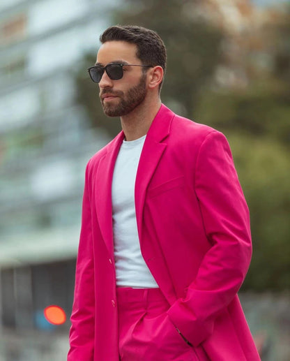 Street Wear Fuchsia Men Suits 2 Pieces Groom Party Wedding Peaked Lapel Terno Masculino Tuxedos Costume Homme Male Blazer Sets