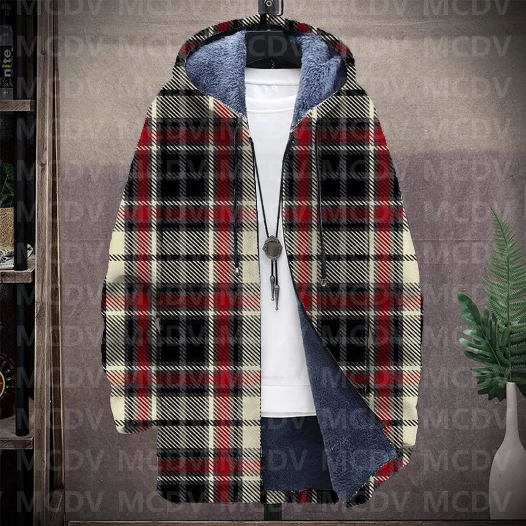 Men's Retro Print Plush Thick Long-Sleeved Coat Cardigan Christmas Grid Art 3D Prined Fleece  Overcoat Unisex Thick Warm Jacket