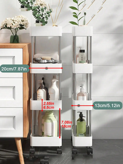 Rack de armazenamento móvel com 3/4 níveis para espaços estreitos, carrinho utilitário com rodinhas, prateleira organizadora fina para cozinha, banheiro e sala de estar