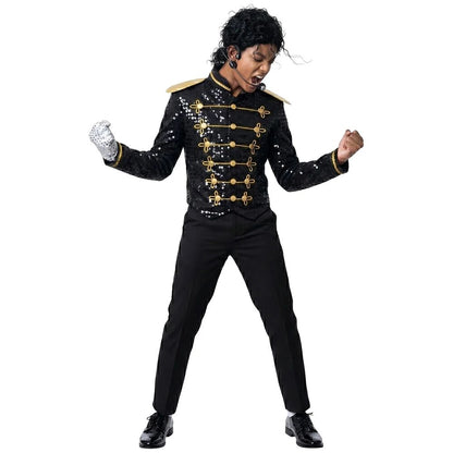 Kids Black Sequin Michael Jackson Jacket Gloves Set Boys MJ Cosplay Costume Halloween Tap Dance Stage Performance Outfit