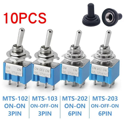 10Pcs Light Blue Miniature Toggle Switch MTS-102/103/202/203 3 Pin 6 Pin Rocker Power Switch ON-OFF-ON / ON-OFF Waterproof Cap