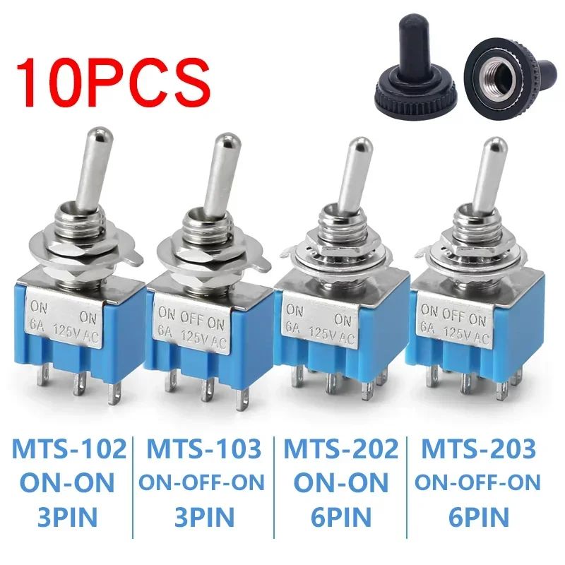 10Pcs Light Blue Miniature Toggle Switch MTS-102/103/202/203 3 Pin 6 Pin Rocker Power Switch ON-OFF-ON / ON-OFF Waterproof Cap