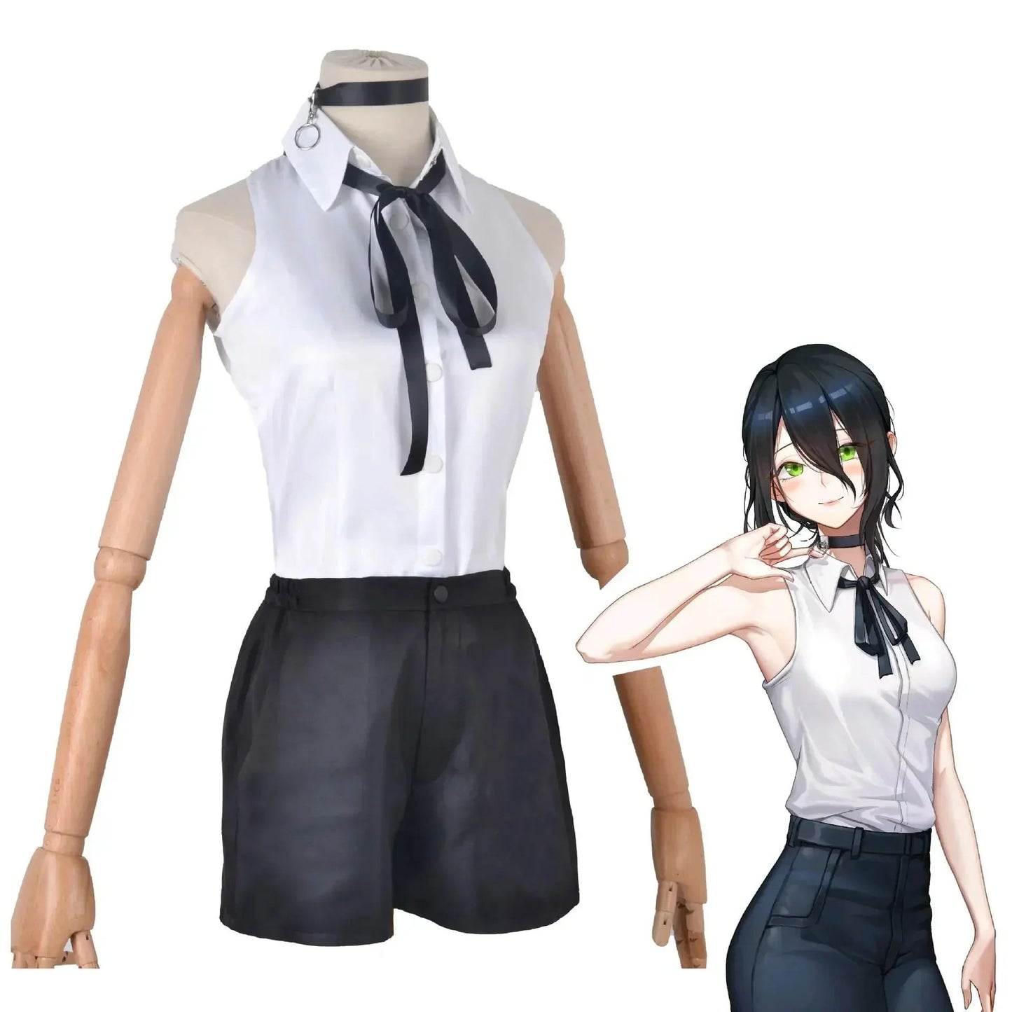 Reze Cosplay Anime Chainsaw Man Reze Cosplay Costume Wig Uniform Shirt Tie Shorts Wig Halloween Costumes for Women Girls Adult