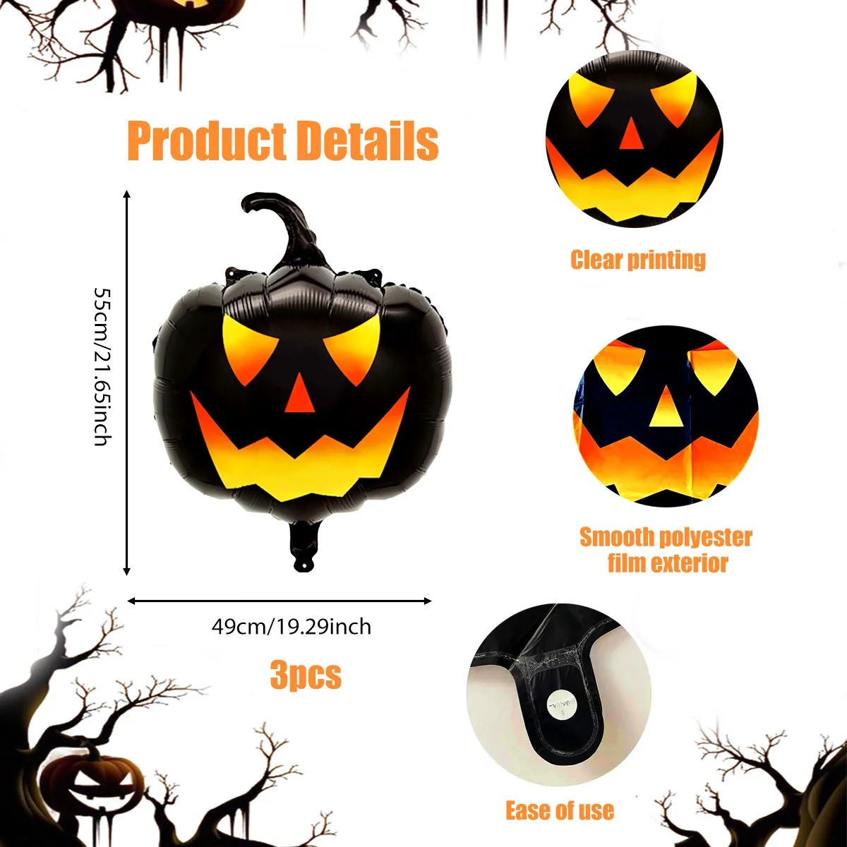 3pcs Black Pumpkin Head Balloons, Suitable for Halloween Horror Atmosphere Theme Decoration, Indoor and Outdoor Activity Props