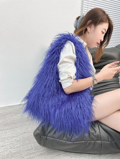 2025 NOVAS Bolsas de Ombro Pelúcia Lã Femininas Y2k Hot Girls Bolsa Saco com Cordão de Pele Sintética Moda Feminina Bolsas de Mão Peludas Tote