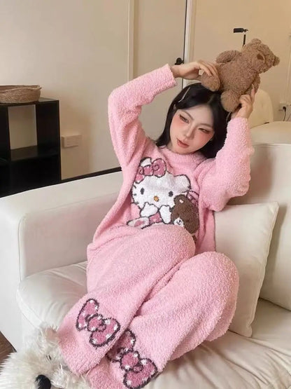 Hello Kitty Women's 2025 Kawaii Brushed Fleece Pajama Set Fall Winter Plush Thermal Cozy Sleepwear & Home Loungewear