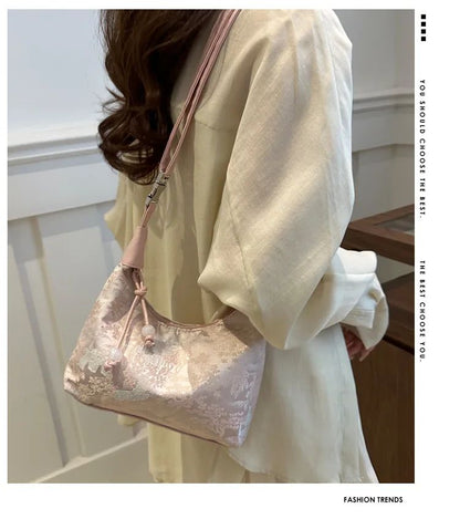 Sweet Embroidery Shoulder Bag Nylon Texture Pearl Pendant Crossbody Bag Small Bucket Handbag Women Canvas Luxury Cheongsam Bag