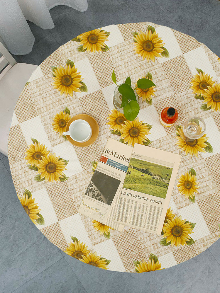 Waterproof Round Tablecloth Elastic Fixation Edged PVC Table Cover Flannel Backed Table Pad Oil-Proof for Dining Table Kitchen