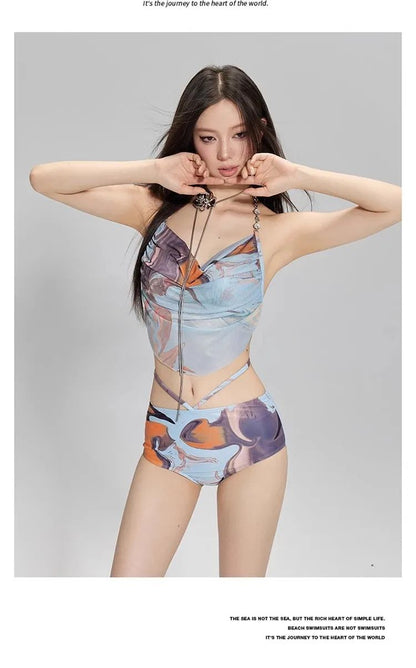 2024 New Three-Piece Bikini Set Beach Vacation Hot Spring Trip Slimming Long Skirt Separate Swimsuit Meat Concealing Photography