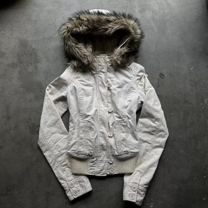 Gothic Y2K Womens Vintage Fur Trimmed Hooded Jacket Autumn Winter Black Shearling Lined Zipper Coat Warm Casual Winter Outerwear