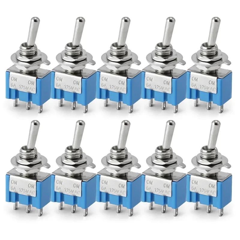 10Pcs Light Blue Miniature Toggle Switch MTS-102/103/202/203 3 Pin 6 Pin Rocker Power Switch ON-OFF-ON / ON-OFF Waterproof Cap