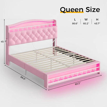 Nova Cama Queen Size Menina com Luzes de LED e Estação de Carregamento, Estrutura de Cama Queen Size de Princesa com Cabeceira com Armazenamento Oculto